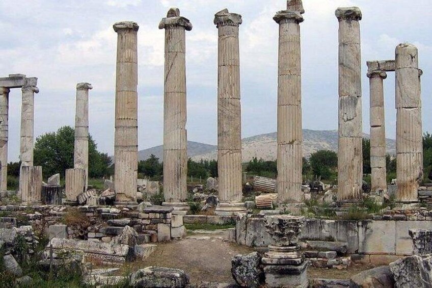 Ancient stone columns in a ruinous state, surrounded by scattered stones and vegetation. 3