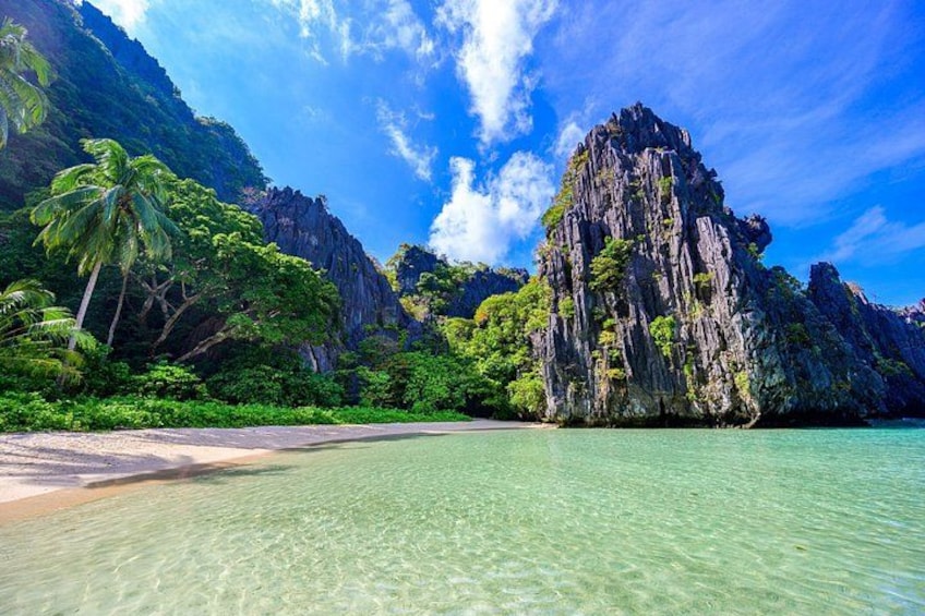 A tropical beach with clear turquoise water, palm trees, and rocky cliffs. 3