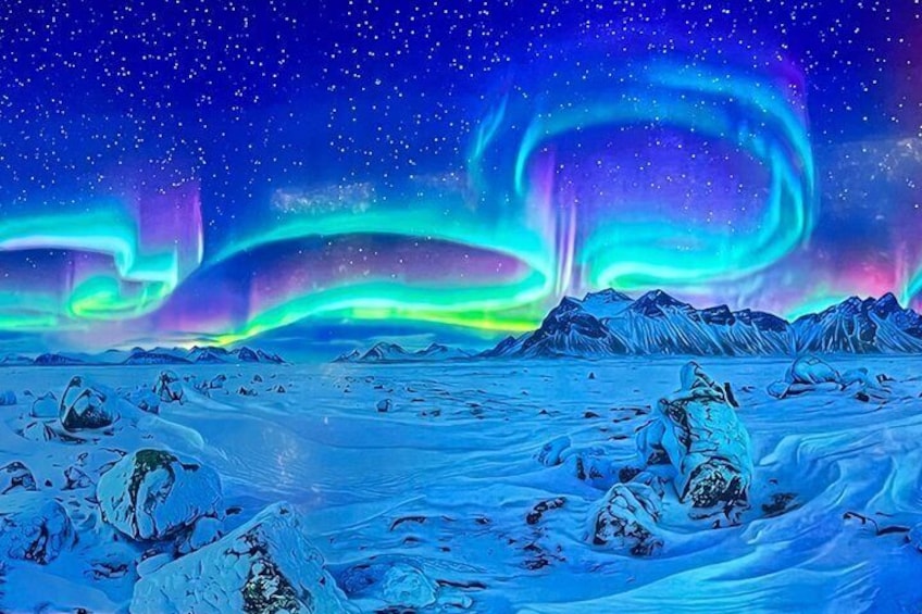 A snowy landscape with aurora borealis. 2