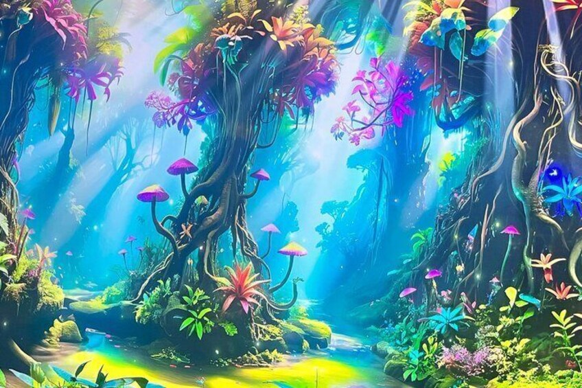 A vibrant forest with large trees, colorful flowers, and a stream. 3