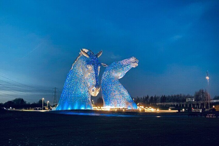 The illuminated Kelpies in Glasgow, Scotland. 2