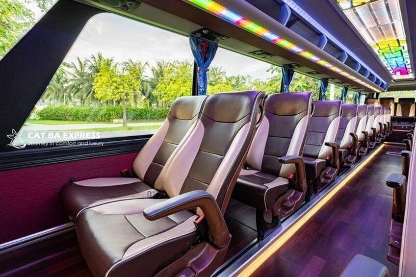 A train interior with leather seats, a wooden floor, and a view of greenery outside. 4