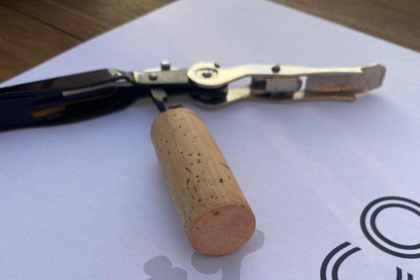 A corkscrew with a wooden handle on a white surface. 4