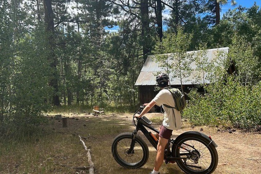 A person on a mountain bike in a forested area with a rustic building in the background. 3