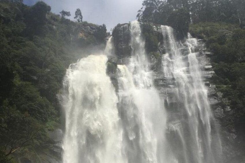 Ein Wasserfall stürzt über eine felsige Klippe, umgeben von dichtem Grün. 4