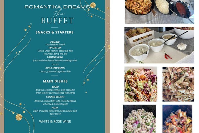 A menu titled 'Romantika Dreams The Buffet' with sections for snacks, starters, main dishes, and white & rose wine. 2