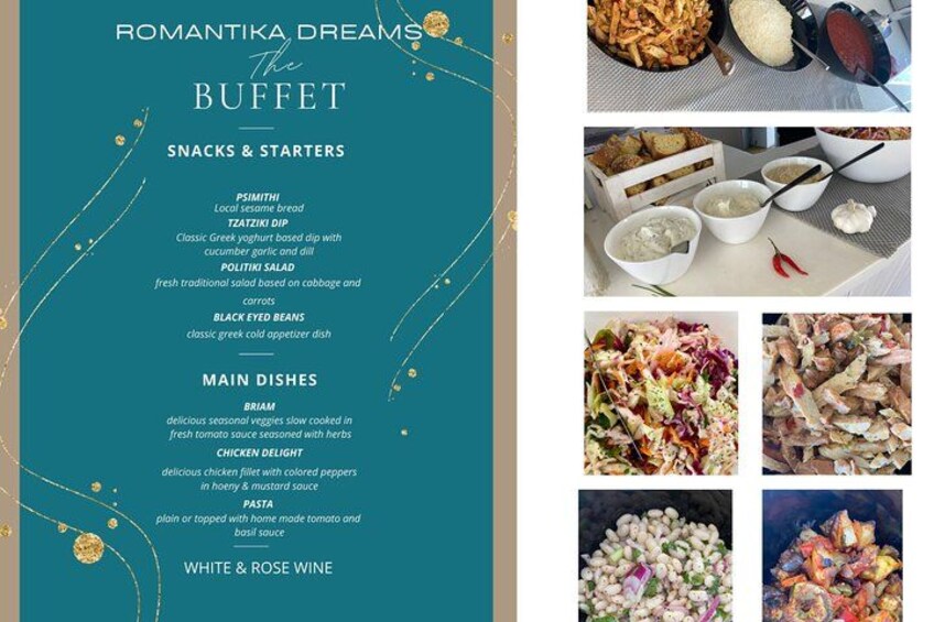 A menu titled 'Romantika Dreams The Buffet' with sections for snacks, starters, main dishes, and white & rose wine. 4