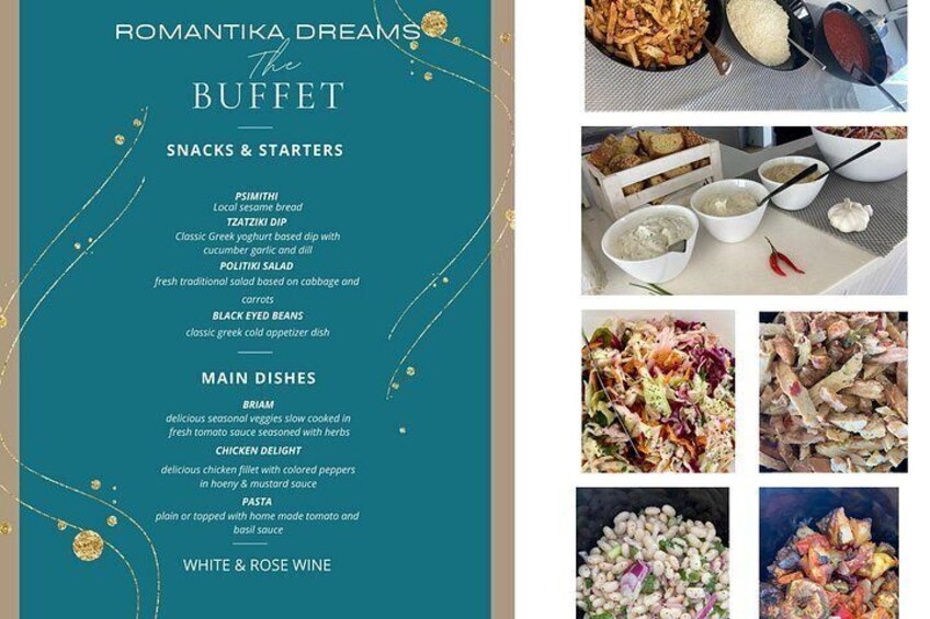 A menu titled 'Romantika Dreams The Buffet' with sections for snacks, starters, main dishes, and white & rose wine. 4