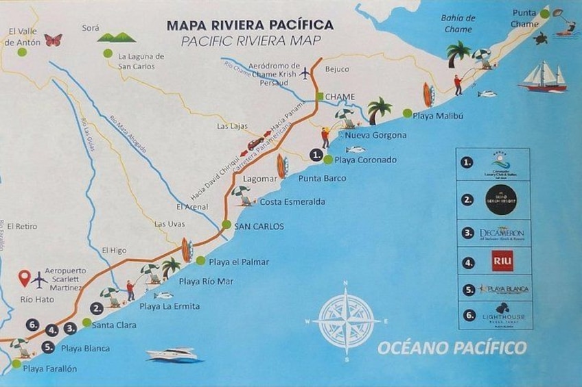 A Pacific Riviera map with locations like San Carlos, Playa La Ermita, and Playa Blanca. 2