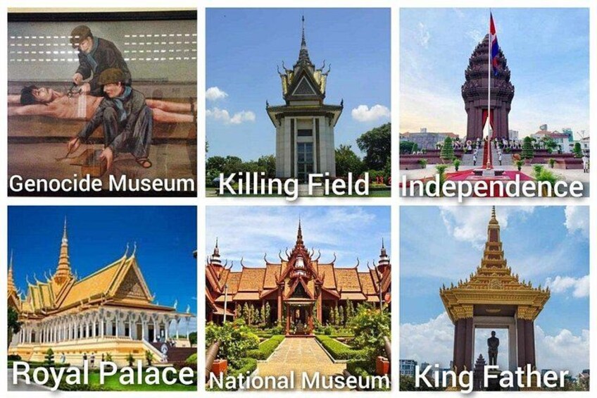 En collagebild som visar några av Thailands mest kända landmärken, inklusive museet om folkmordet, minnesplatsen för massmorden, självständighetsmonumentet, kungliga palatset, nationalmuseet och en staty av den avlidne kungen. 5