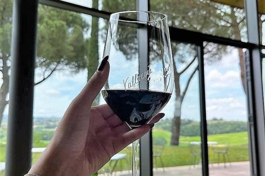 A hand holding a wine glass with a vineyard view through a window. 1
