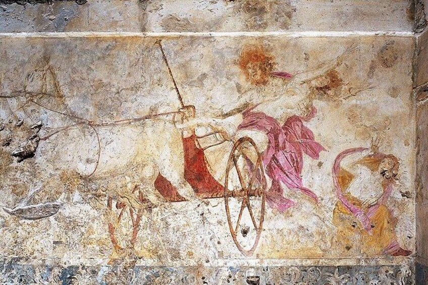 Fresco con un carro, figuras y motivos florales. 4