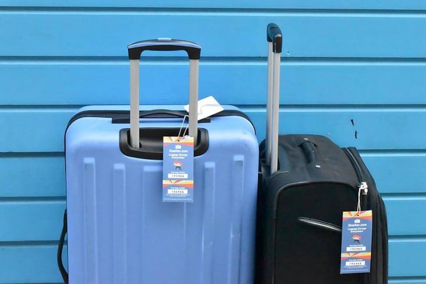 Two suitcases, one blue and one black, with tags attached. 3