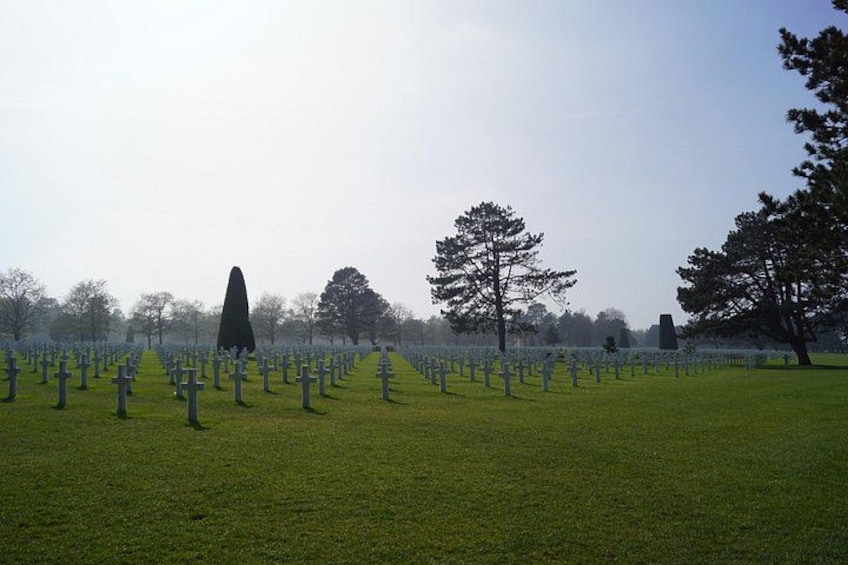 Ein Friedhof mit Reihen von Grabsteinen, einem großen Baum und einem klaren Himmel. 3