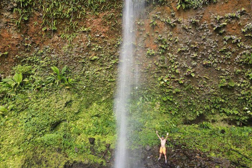 Una persona de pie sobre un risco cubierto de musgo, con una cascada al fondo. 1