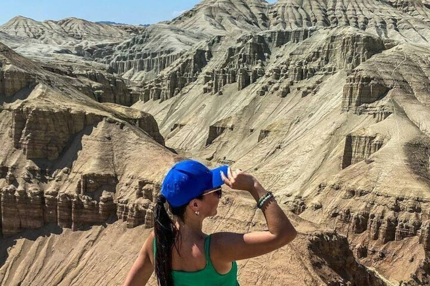 Una persona con camiseta verde y gorra azul parada en un desierto con formaciones rocosas estratificadas. 5