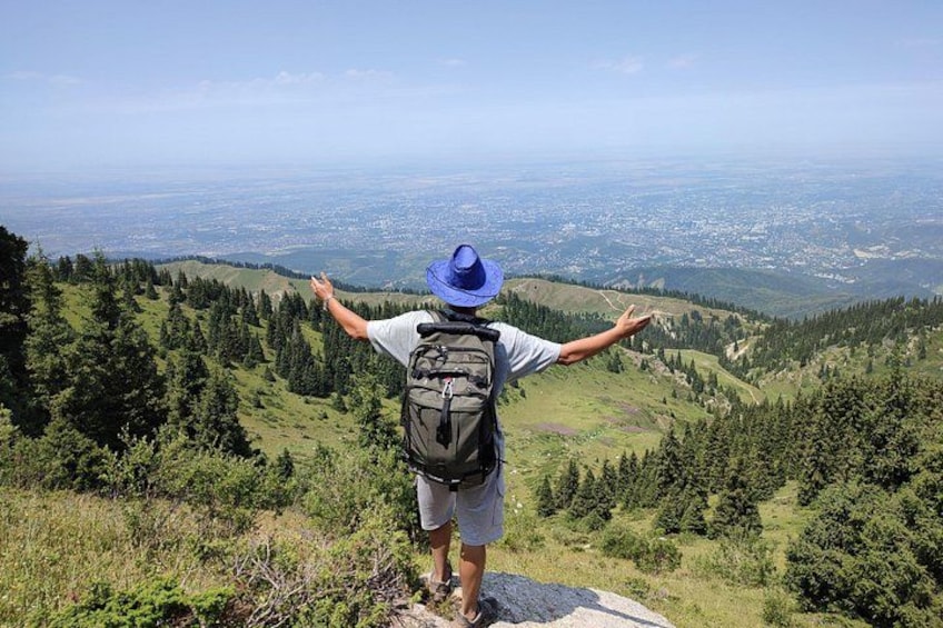 A person standing on a hill with arms outstretched, overlooking a valley with dense forests and a distant cityscape. 1