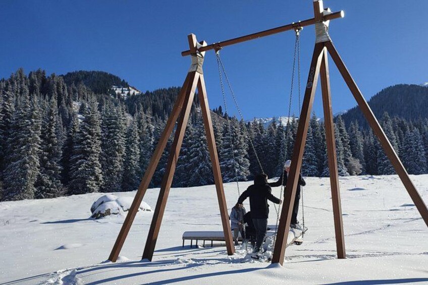A wooden swing set in a snowy landscape with mountains in the background. 4