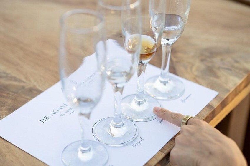Des verres à vin sont posés sur une table en bois, à côté d’un menu. 4