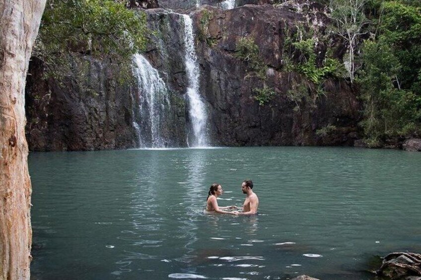 A waterfall, a couple in the water, and a tree. 5