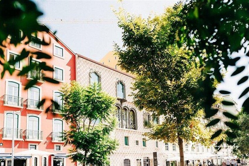 Una strada fiancheggiata da edifici e alberi, con cielo sereno. 1