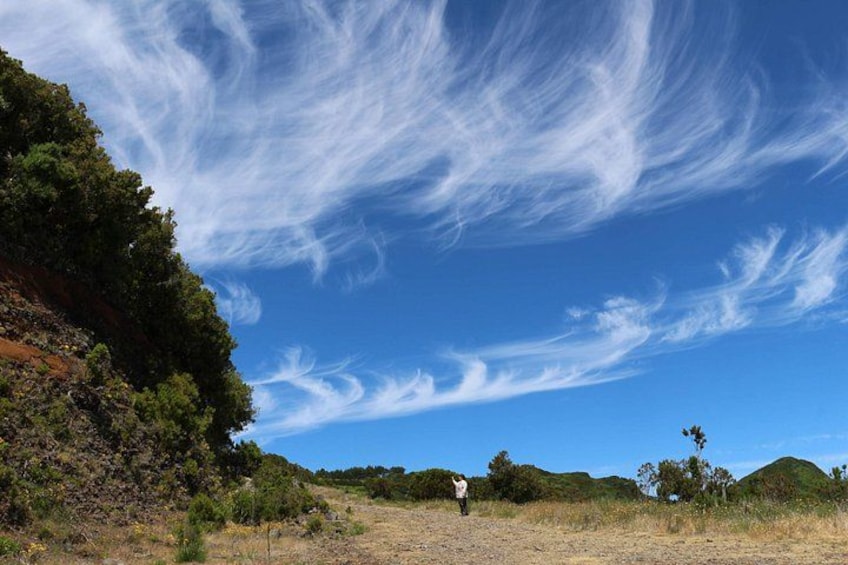 A person walking on a dirt path, surrounded by dry grass and sparse trees under a clear blue sky with wispy clouds. 4