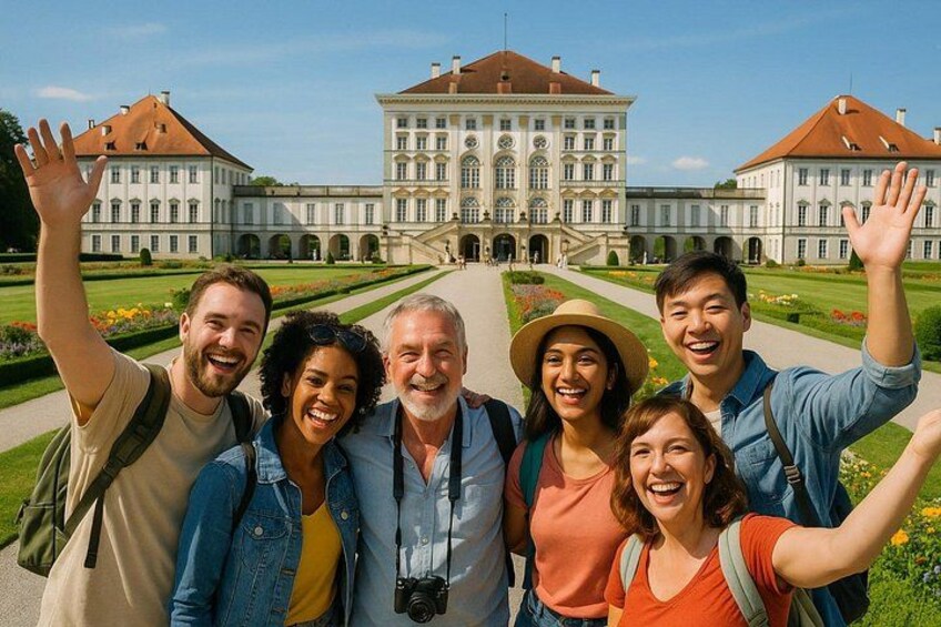 A group of people taking a selfie in front of a large, historic building with a well-maintained garden. 5