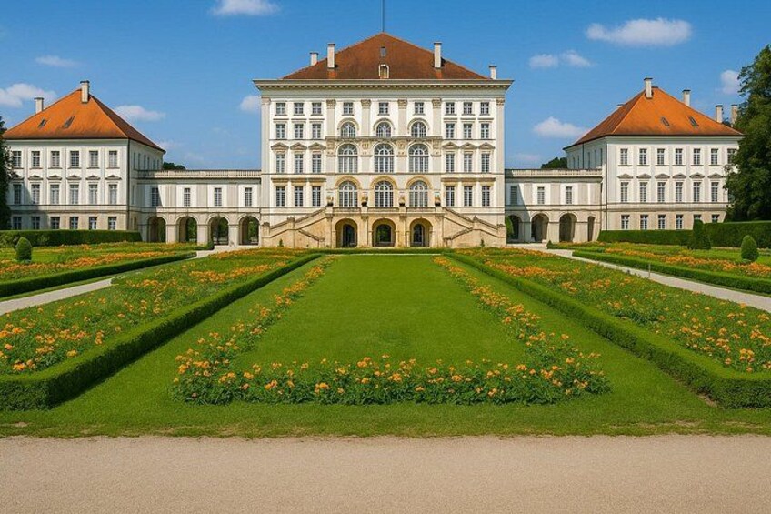 A large, symmetrical building with a central entrance, surrounded by manicured gardens and pathways. 4