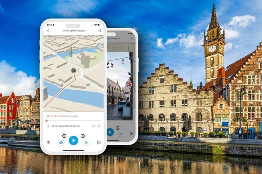 Deux smartphones affichant une application de visite guidée, avec une carte et une tour de l’horloge en arrière-plan. 3