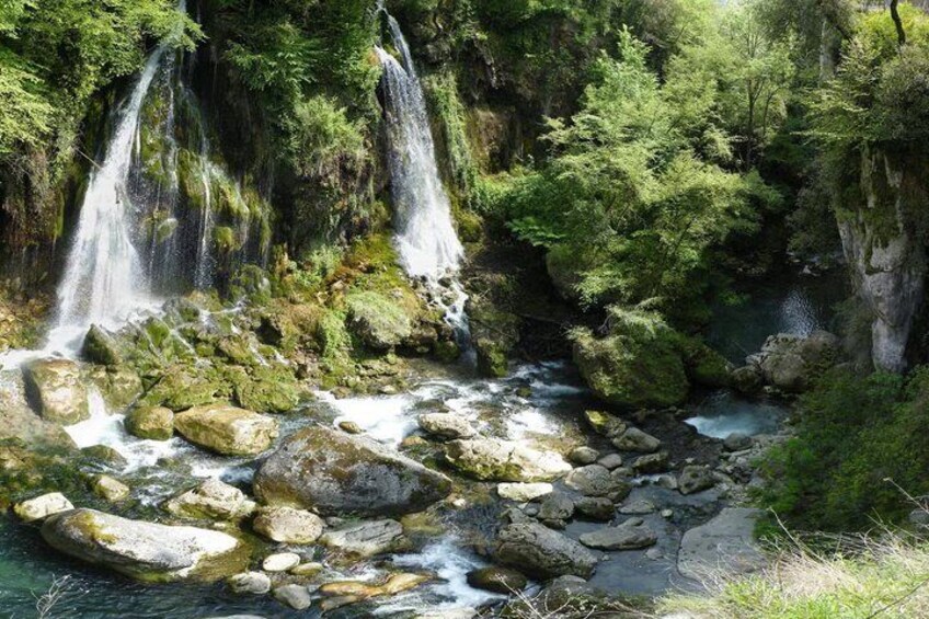 A waterfall, rocky stream, and dense forest. 2