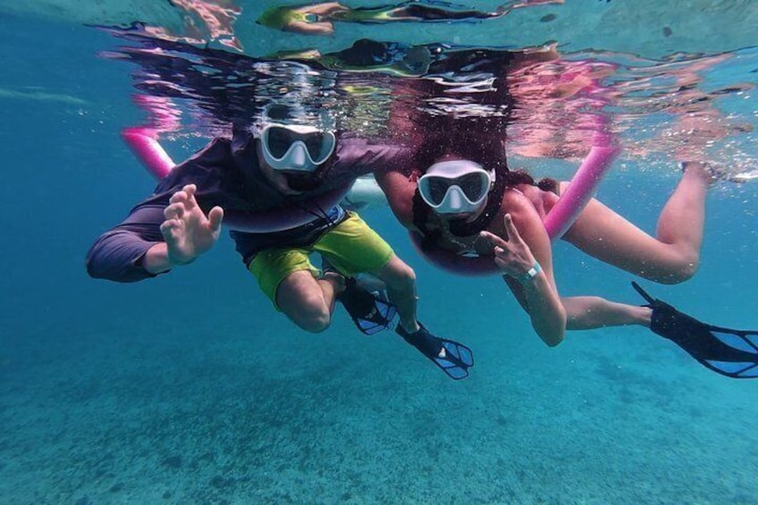 Two people snorkeling underwater with fins and masks. 5