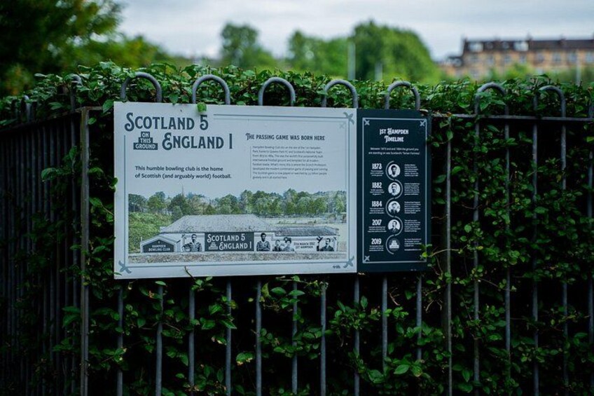A signboard with historical information about Scotland 5 vs England match and a timeline of events. 3
