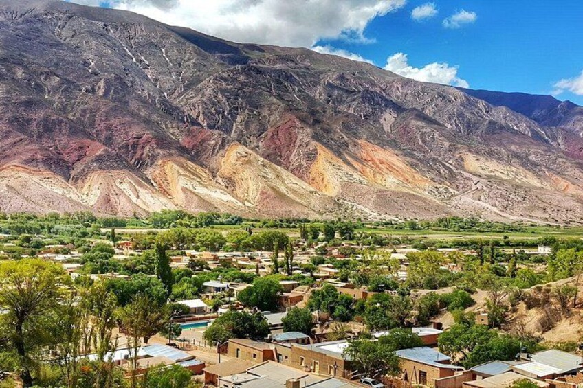 A village with houses and trees in front of a mountain range. 4