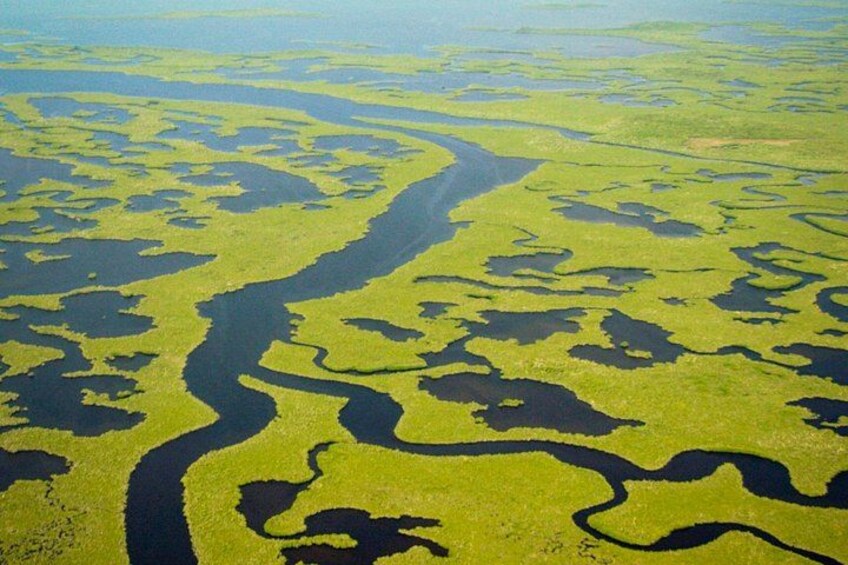 An aerial view of a river winding through a landscape with patches of green vegetation. 2