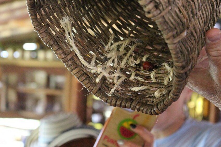 A wicker basket with straw and a red object inside, held by a person. 4