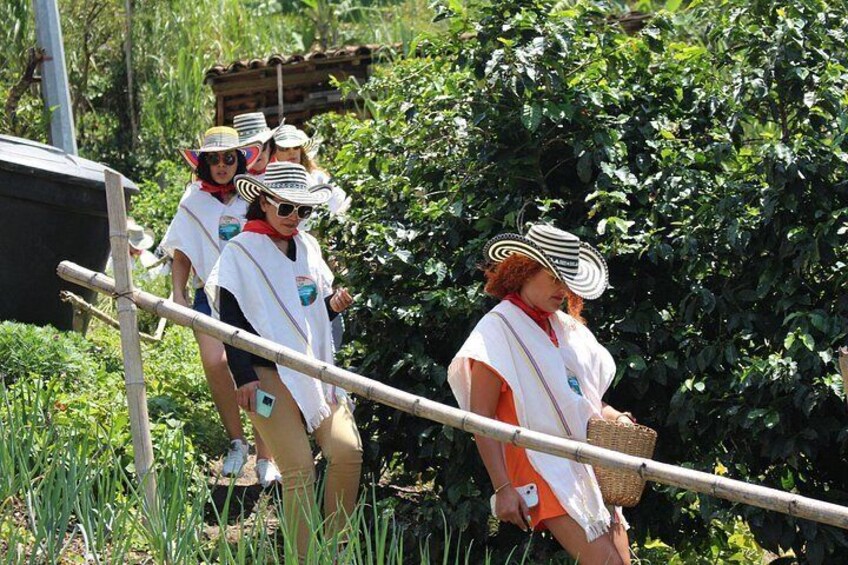 People walking outdoors, some wearing hats and carrying baskets. 2