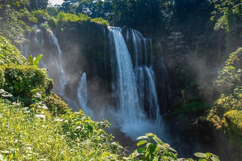 A waterfall surrounded by lush greenery. 1
