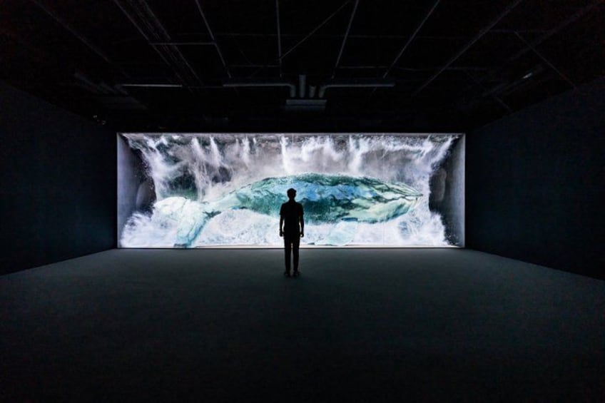 A person standing in a dark room facing a large screen displaying a wave. 5