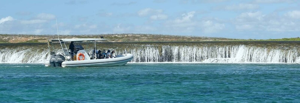 A boat with passengers near a waterfall. 2