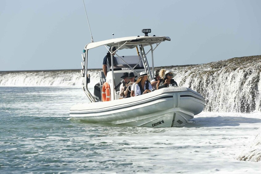 A boat with passengers, moving through a body of water with a rocky shoreline in the background. 3