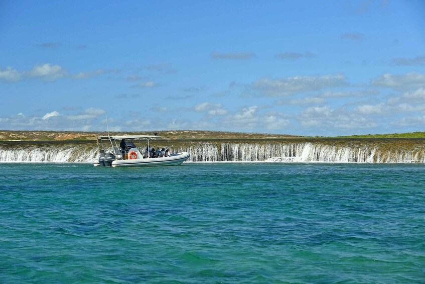 A boat on calm waters with a rocky coastline in the background. 1