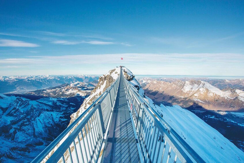 A metal bridge with railings, leading to a mountain peak with a flag. 1