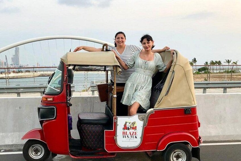 A red auto-rickshaw with a beige canopy, a 'HAVE' logo, and a '5 UK' badge, parked on a road with a bridge and palm trees in the background. 1