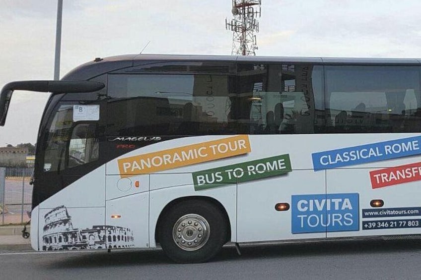 A bus with 'Panoramic Tour' and 'Classical Rome' labels, parked on a road. 5