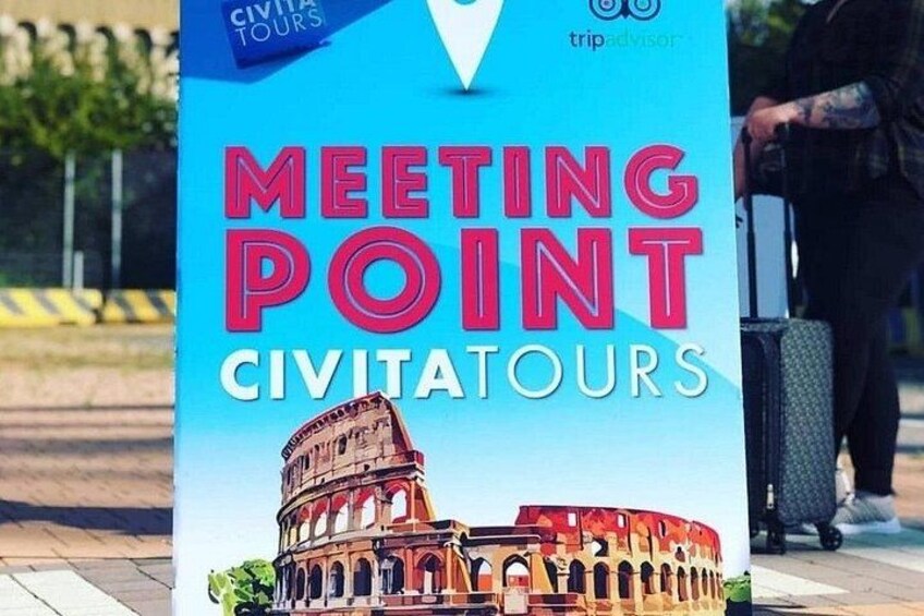A sign with the text 'MEETING POINT CIVITATOURS' and an image of the Colosseum. 4