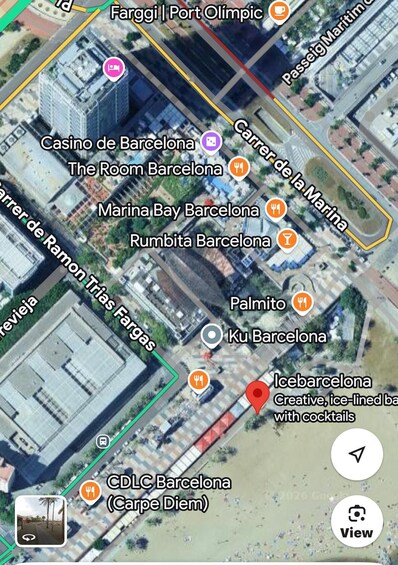 A satellite map of Barcelona with landmarks like the Casino de Barcelona, The Room Barcelona, and Marina Bay Barcelona. 2