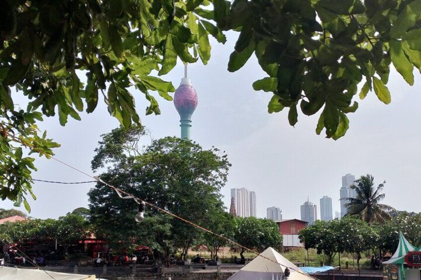 A tower with a pink top, surrounded by trees and buildings in the background. 2