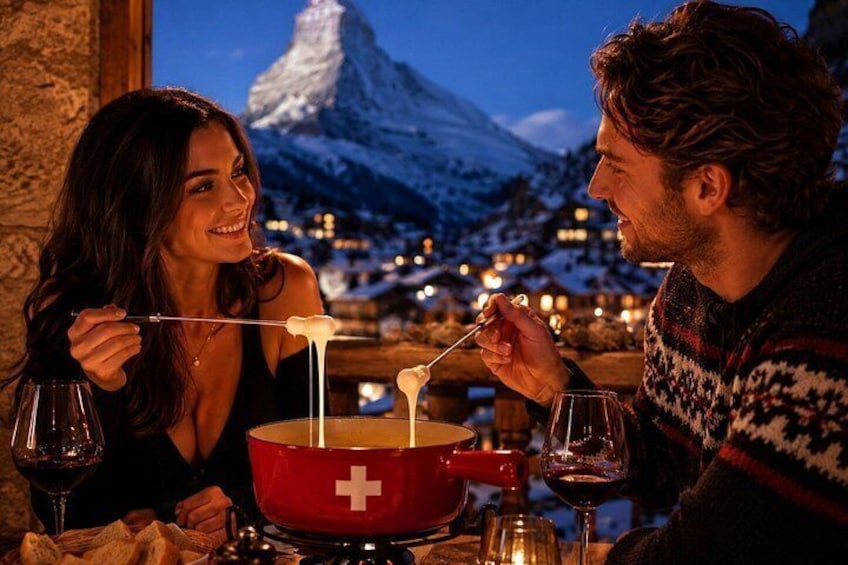 A couple dining outdoors with a fondue pot, a Swiss flag, and a snowy mountain in the background. 2