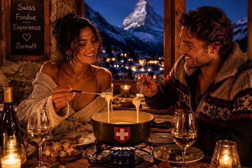 A couple dining at a table with a fondue pot, wine glasses, and a candle. 3