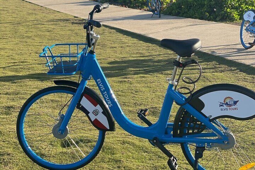 A blue bicycle with a basket and a seat, parked on grass. 3